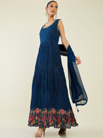 Dhiyona SO Women's Sequined Embellished Embroidered Anarkali Kurta with Churidar & Dupatta
