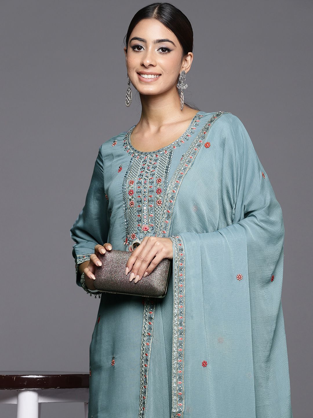 Dhiyona VA Women's Floral Embroidered Regular Sequined Kurta with Trousers & Dupatta