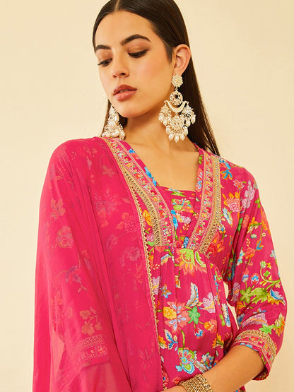 Dhiyona SO Women's Floral Printed Sequinned A-Line Kurta with Sharara With Dupatta