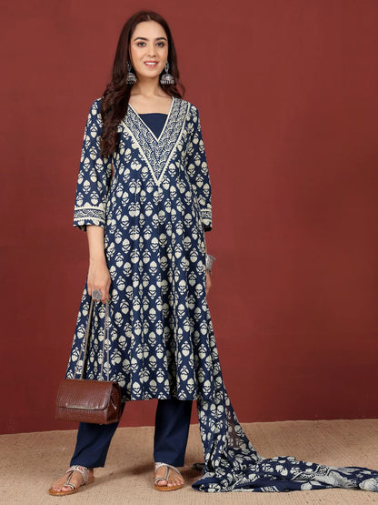Dhiyona VA Women'sFloral Printed V-Neck Gotta Patti Pure Cotton A-Line Kurta With Trousers & Dupatta