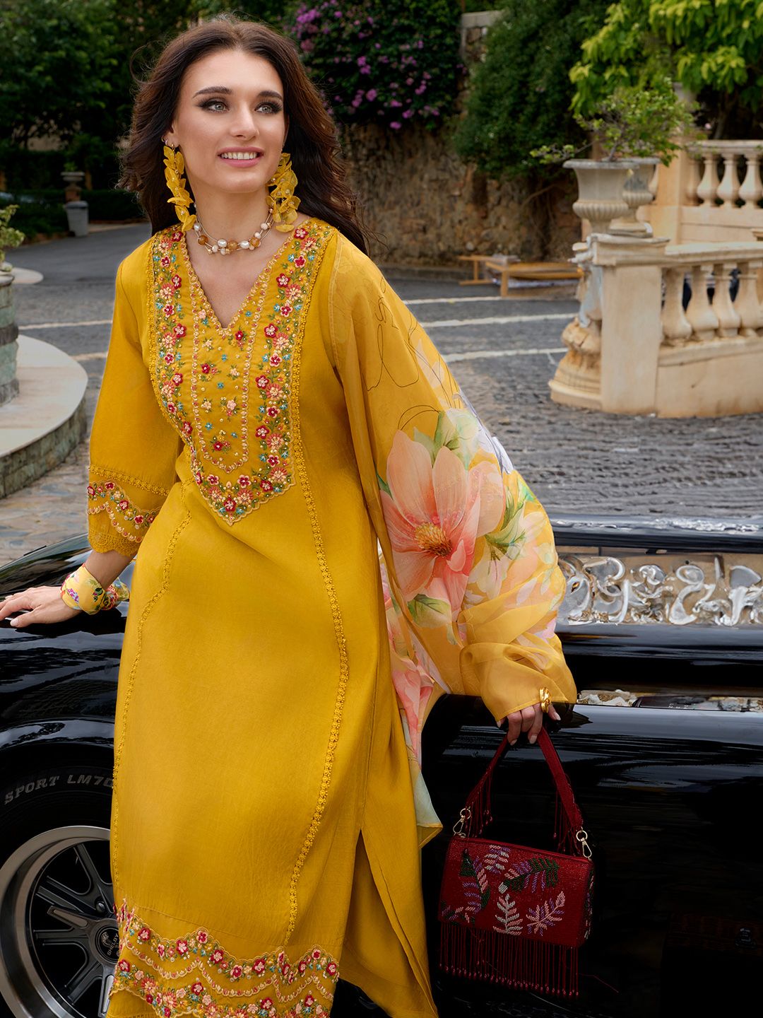 Floral Embroidered Thread Work Kurta With Trousers & Dupatta