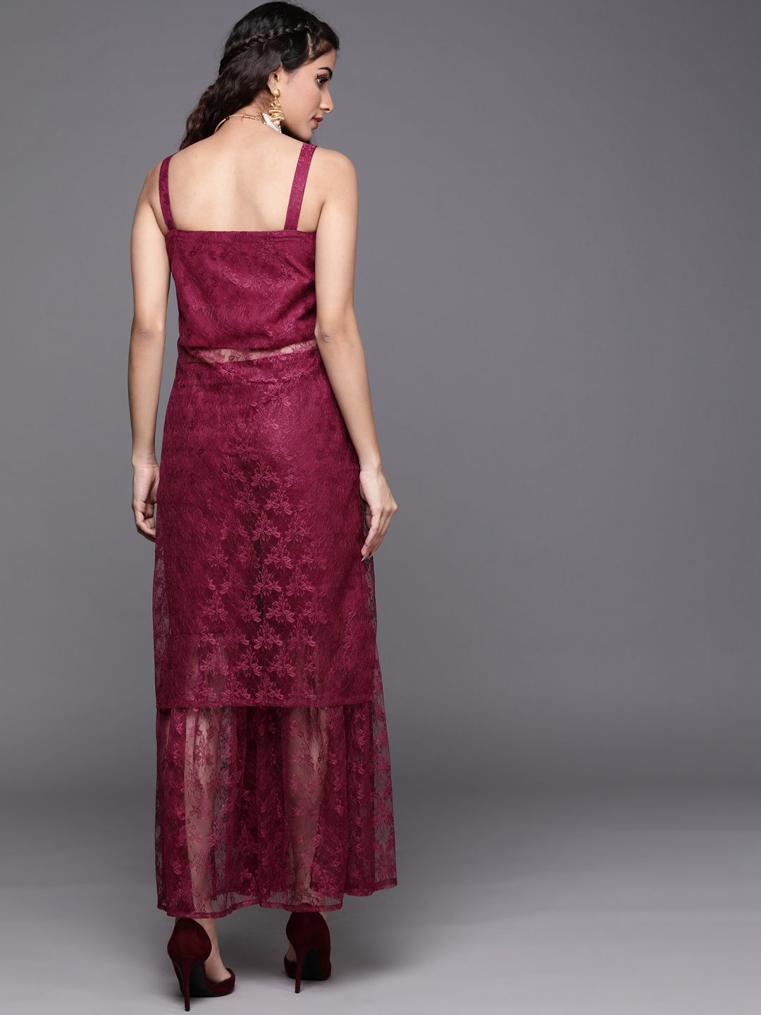 Dhiyona VA Women's Magenta Floral Lace Kurta with Sharara