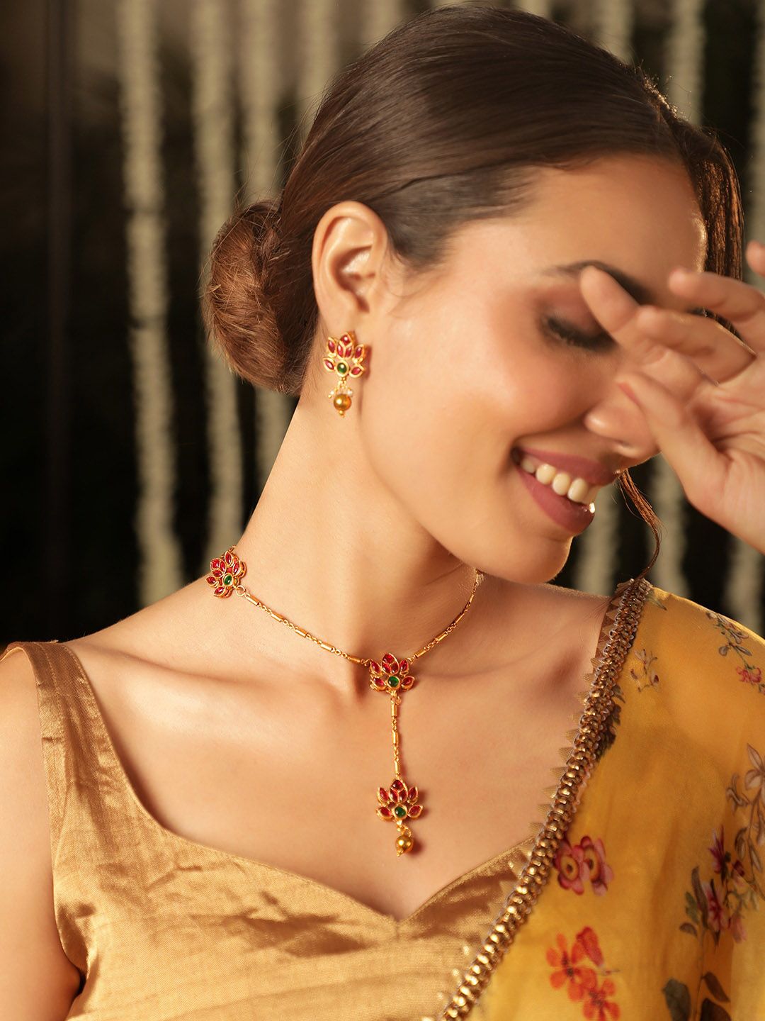 Dhiyona RJ Women's 22K Gold-Plated Lotus Motif Ruby and Emerald Studded Jewellery Set