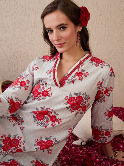 Dhiyona IE Women Floral Printed Regular Mirror Work Pure Cotton Kurta with Trousers
