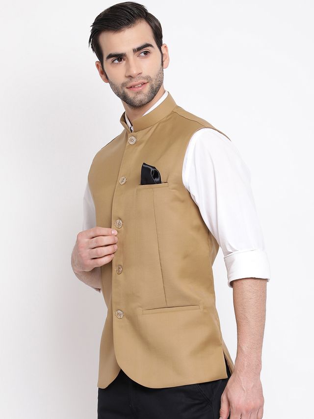Men's Beige Cotton Silk Straight Nehru Jacket