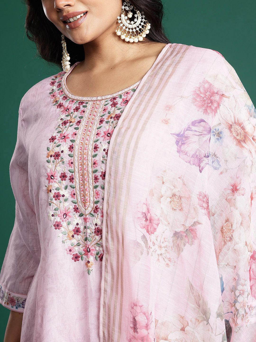 Plus Size Floral Print Thread Work Kurta with Palazzos & Dupatta