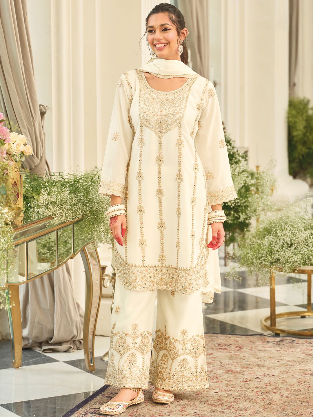 Women Ethnic Motifs Embroidered Mirror Work Kurta with Palazzos & Dupatta