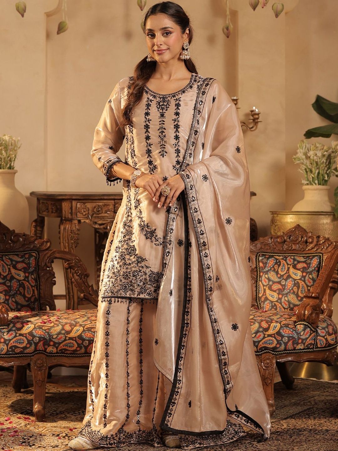 Dhiyona IE Women Ethnic Motifs Embroidered Regular Beads and Stones Kurta Set With Dupatta