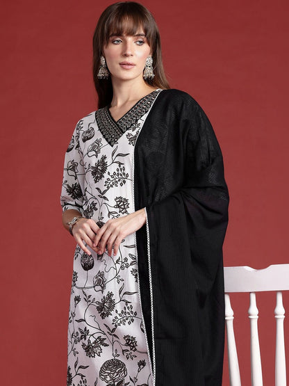 Women Floral Printed Regular Thread Work Pure Cotton Kurta with Trousers & With Dupatta