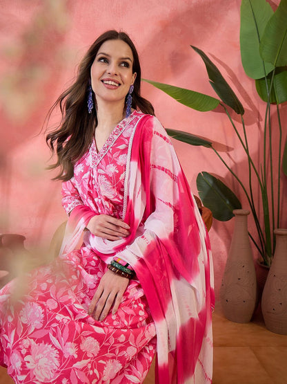 Dhiyona SN Women's Pink Floral Printed Pure Cotton A-Line Kurta With Trouser And Dupatta