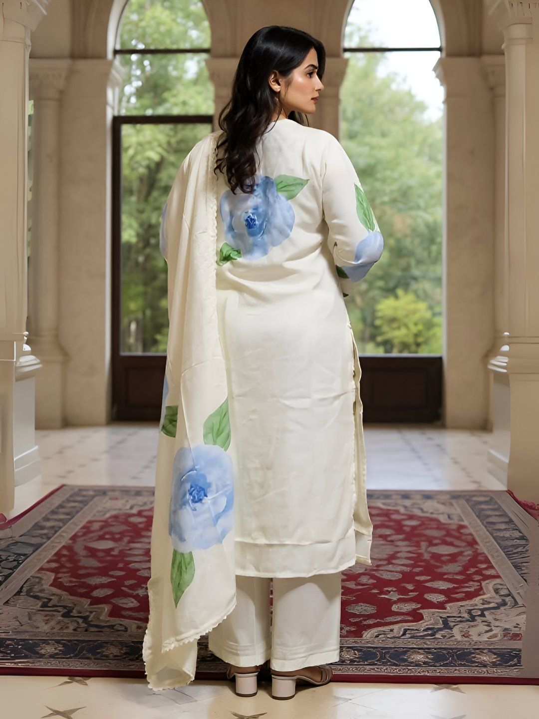 Dhiyona IE Women's Women Floral Printed Linen Kurta with Trousers & Dupatta