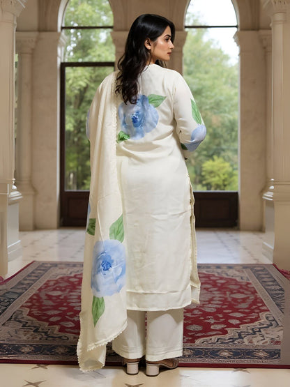 Dhiyona IE Women's Women Floral Printed Linen Kurta with Trousers & Dupatta