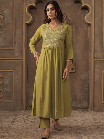 Women Green Silk Blend Ethnic Motifs Empire Mirror Work Kurta Trousers & Dupatta