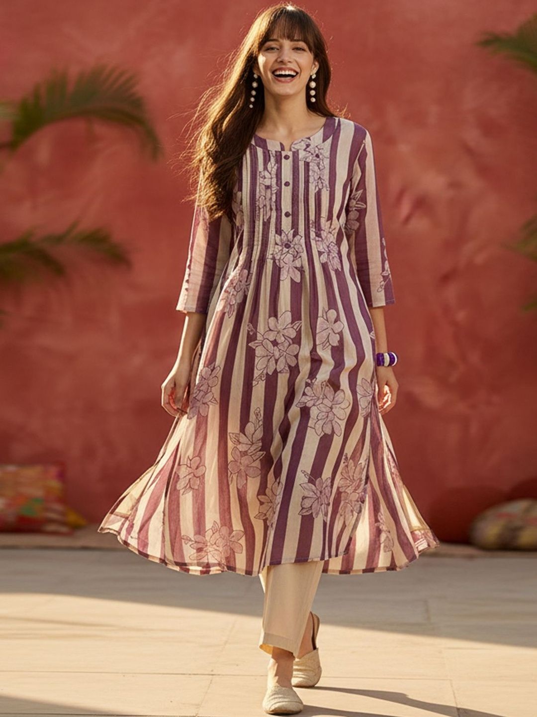 Dhiyona IE Striped Printed Round Neck Panelled Pure Cotton Kurta With Trousers