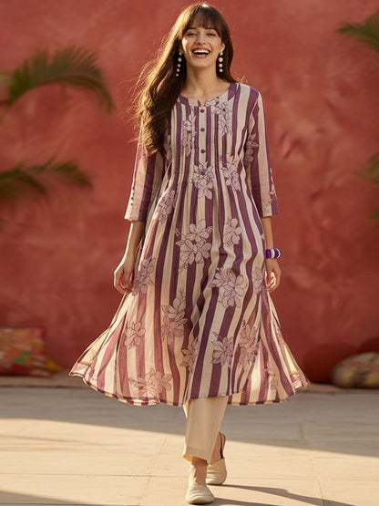 Striped Printed Round Neck Panelled Pure Cotton Kurta With Trousers