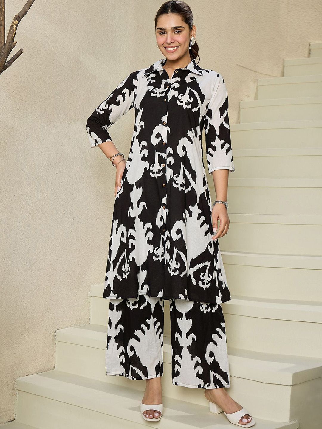Dhiyona IE Abstract Printed Shirt Collar Pure Cotton A-Line Kurta With Trousers