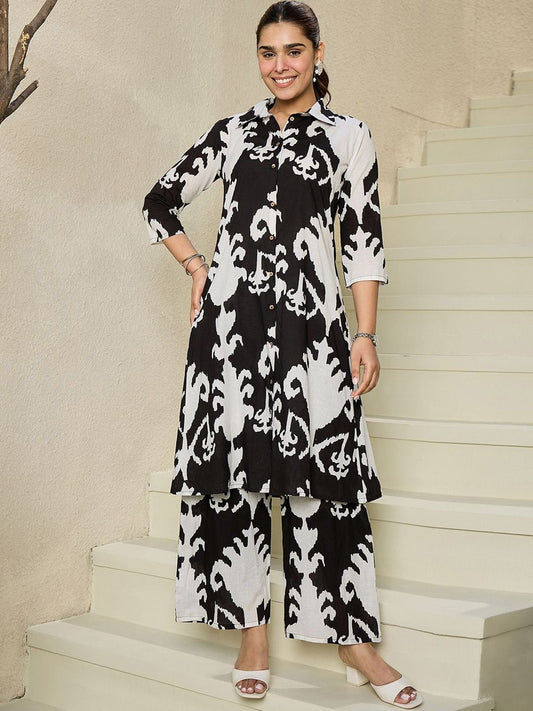 Dhiyona IE Abstract Printed Shirt Collar Pure Cotton A-Line Kurta With Trousers
