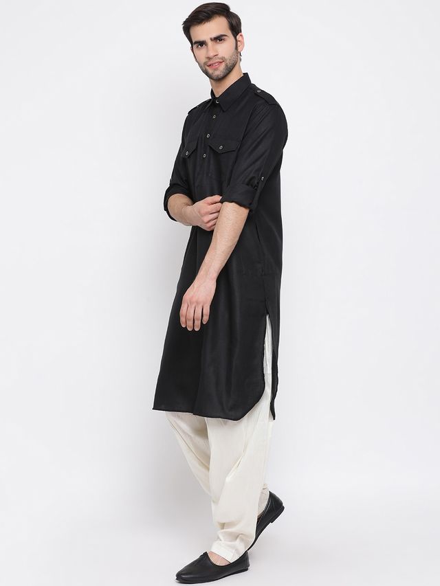 Men's Black Cotton Blend Pathani Pathani Kurta Set