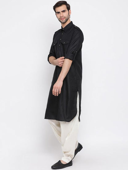 Men's Black Cotton Blend Pathani Pathani Kurta Set