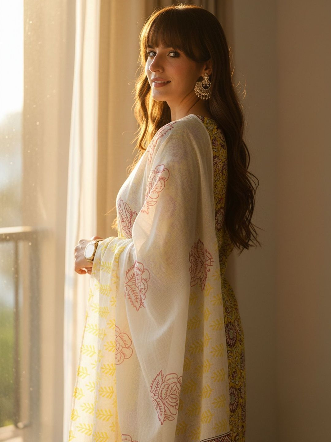 Floral Printed Pure Cotton Straight Kurta With Trousers & Dupatta