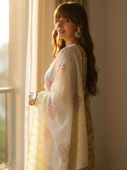 Floral Printed Pure Cotton Straight Kurta With Trousers & Dupatta