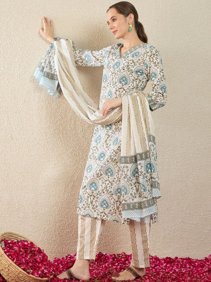 Women Ethnic Motifs Printed Regular Pure Cotton Kurta with Trousers & With Dupatta