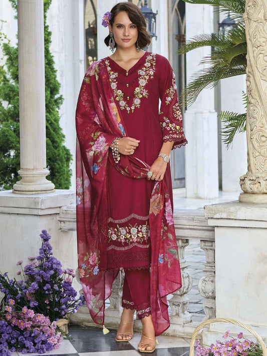 Dhiyona VA Women'sFloral Embroidered Thread Work Pure Cotton Straight Kurta & Trouser & Dupatta