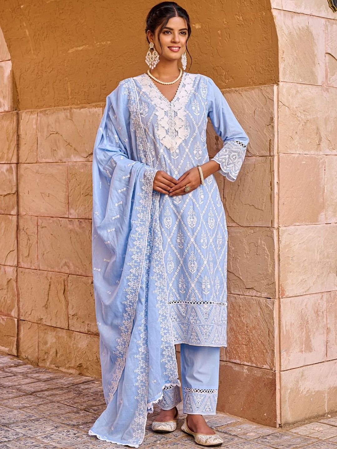 Floral Embroidered Pure Cotton V-Neck Thread Work Kurta & Trousers Dupatta
