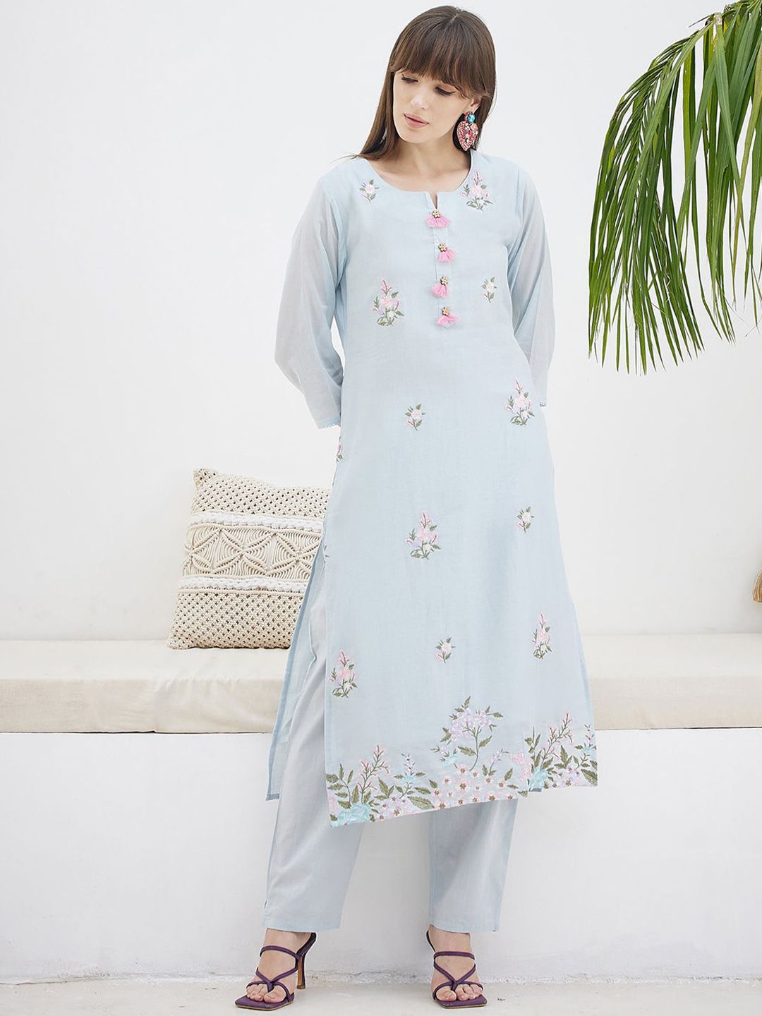 Floral Embroidered Straight Thread Work Pure Cotton Kurta With Trousers & Dupatta