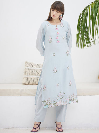 Floral Embroidered Straight Thread Work Pure Cotton Kurta With Trousers & Dupatta