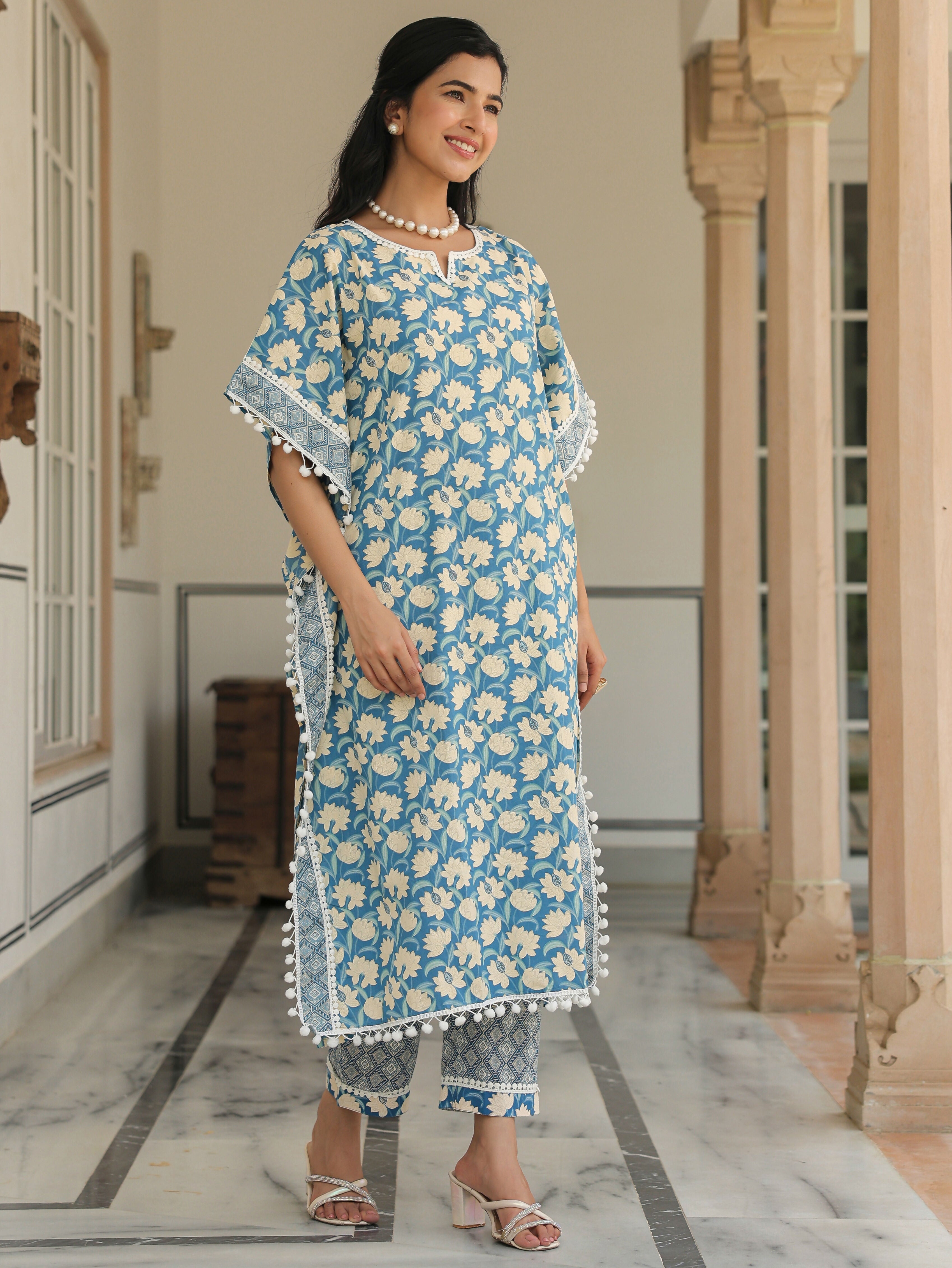 Women's Kaftan Soft Cotton Floral Print Women's Kurta - Blue