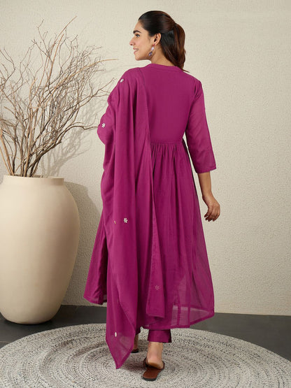 Floral Embroidered Thread Work Pure Cotton Kurta With Trousers & Dupatta