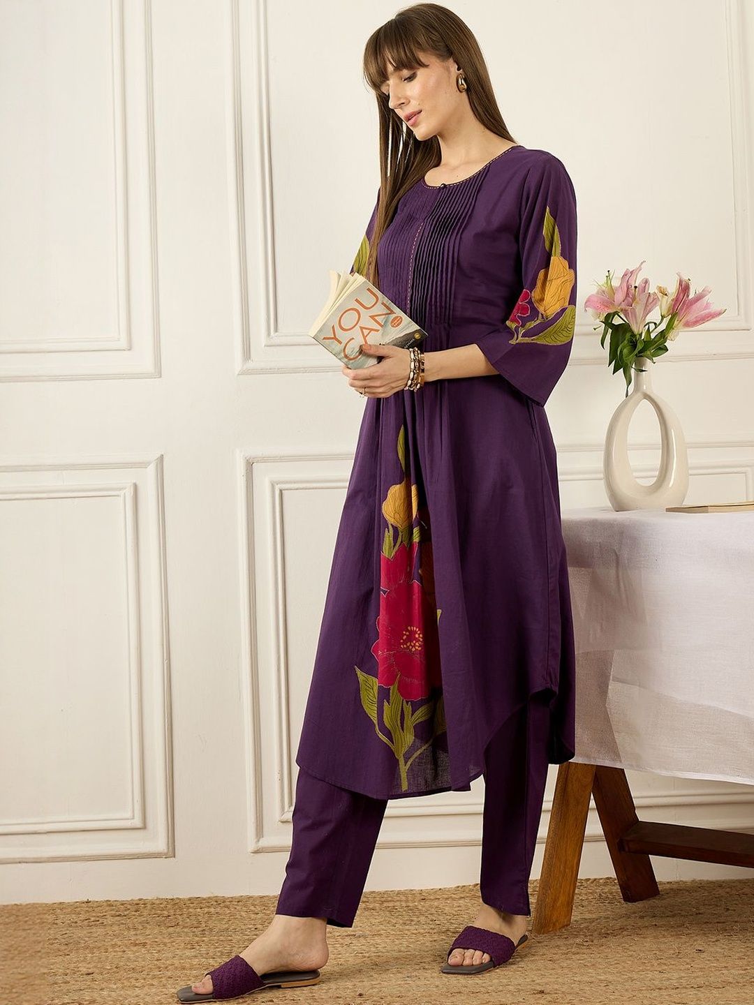 Dhiyona IE Printed Round Neck Three-Quarter Sleeves Pure Cotton Tunic And Trousers
