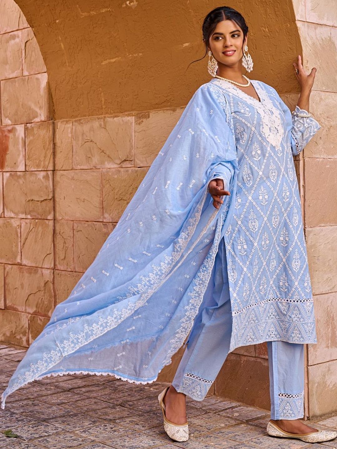 Women Ethnic Motifs Embroidered Regular Chikankari Pure Cotton Kurta with Trousers & With Dupatta