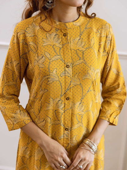 Dhiyona SN Women's Floral Printed Mandarin Collar Pure Cotton Straight Kurta & Trousers