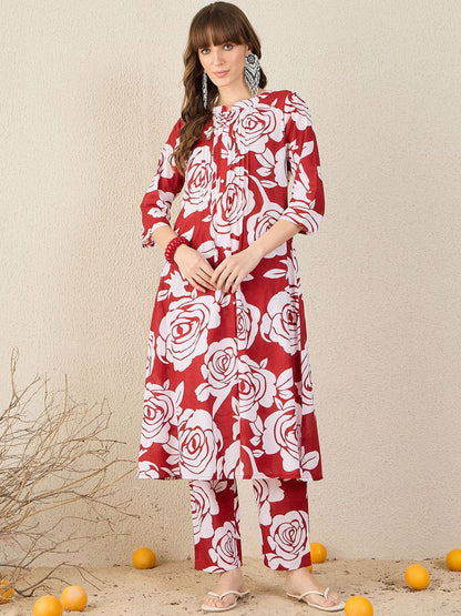 Dhiyona IE Floral Printed Pure Cotton Round Neck Tunic With Trousers Co-Ords