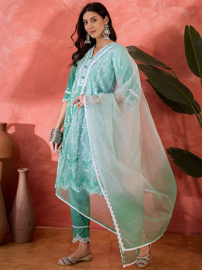 Dhiyona SN Women's Floral Embroidered Cotton Kurta with Trousers & Dupatta