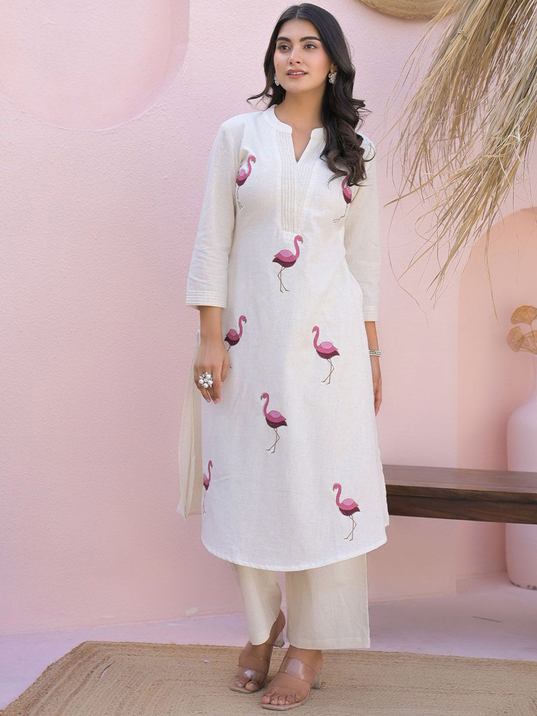 Dhiyona IE Embroidered Mandarin Collar Pure Cotton Tunic With Palazzos
