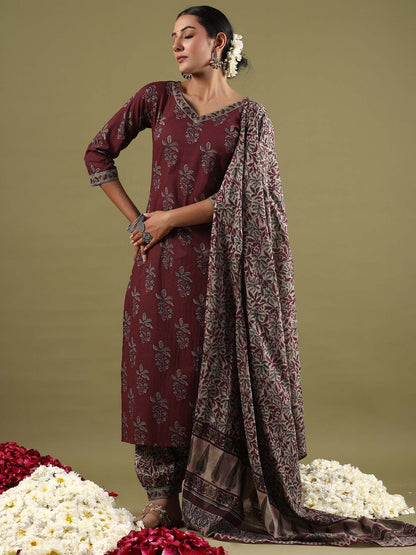 Dhiyona IE Floral Printed Pure Cotton Straight Kurta With Salwar & Dupatta