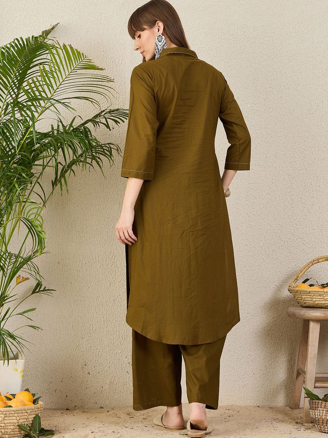 Dhiyona IE Pure Cotton Shirt Collar Neck Tunic With Trousers Co-Ords