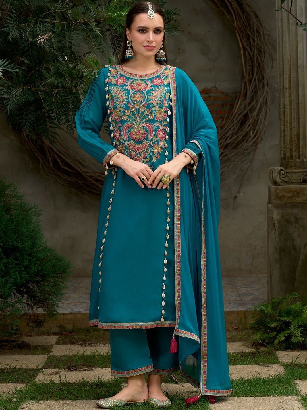 Dhiyona IE Floral Embroidered A-Line Round Neck Beads & Stones Kurta With Trousers & Dupatta