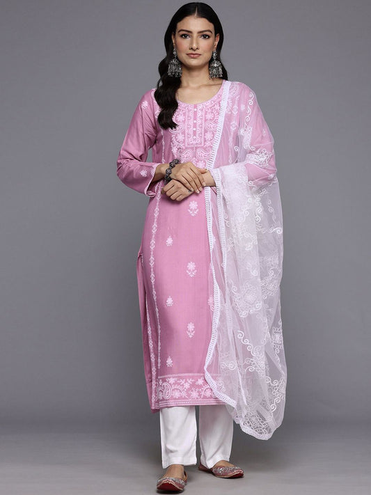 Dhiyona VA Women'sFloral Embroidered Regular Thread Work Kurta With Trousers & Dupatta