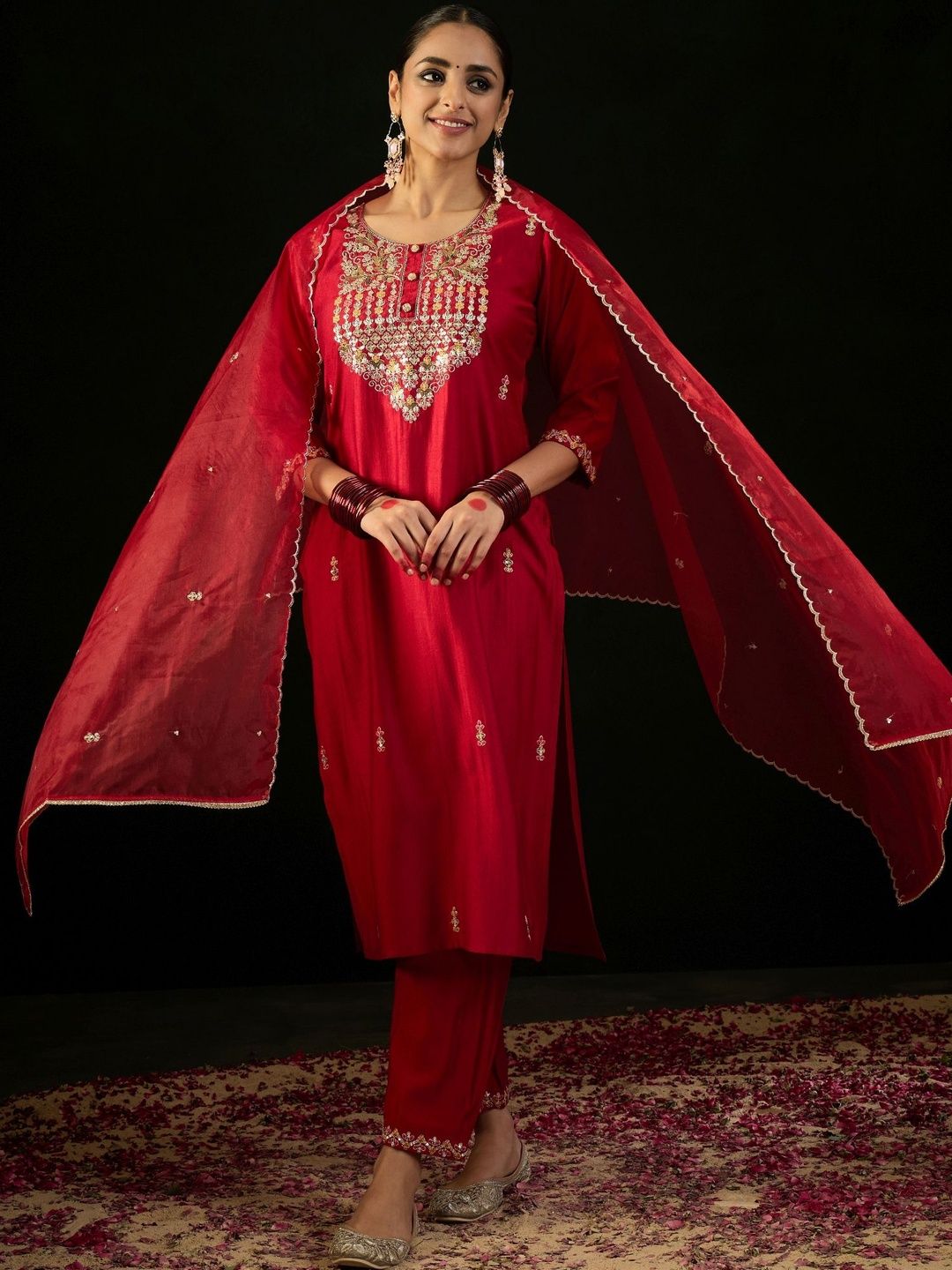 Women Ethnic Motifs Embroidered Regular Sequinned Liva Kurta with Trousers & With Dupatta