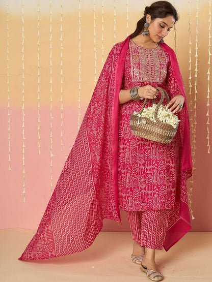 Women Ethnic Motifs Printed Regular Thread Work Pure Cotton Kurta with Trousers & With Dupatta