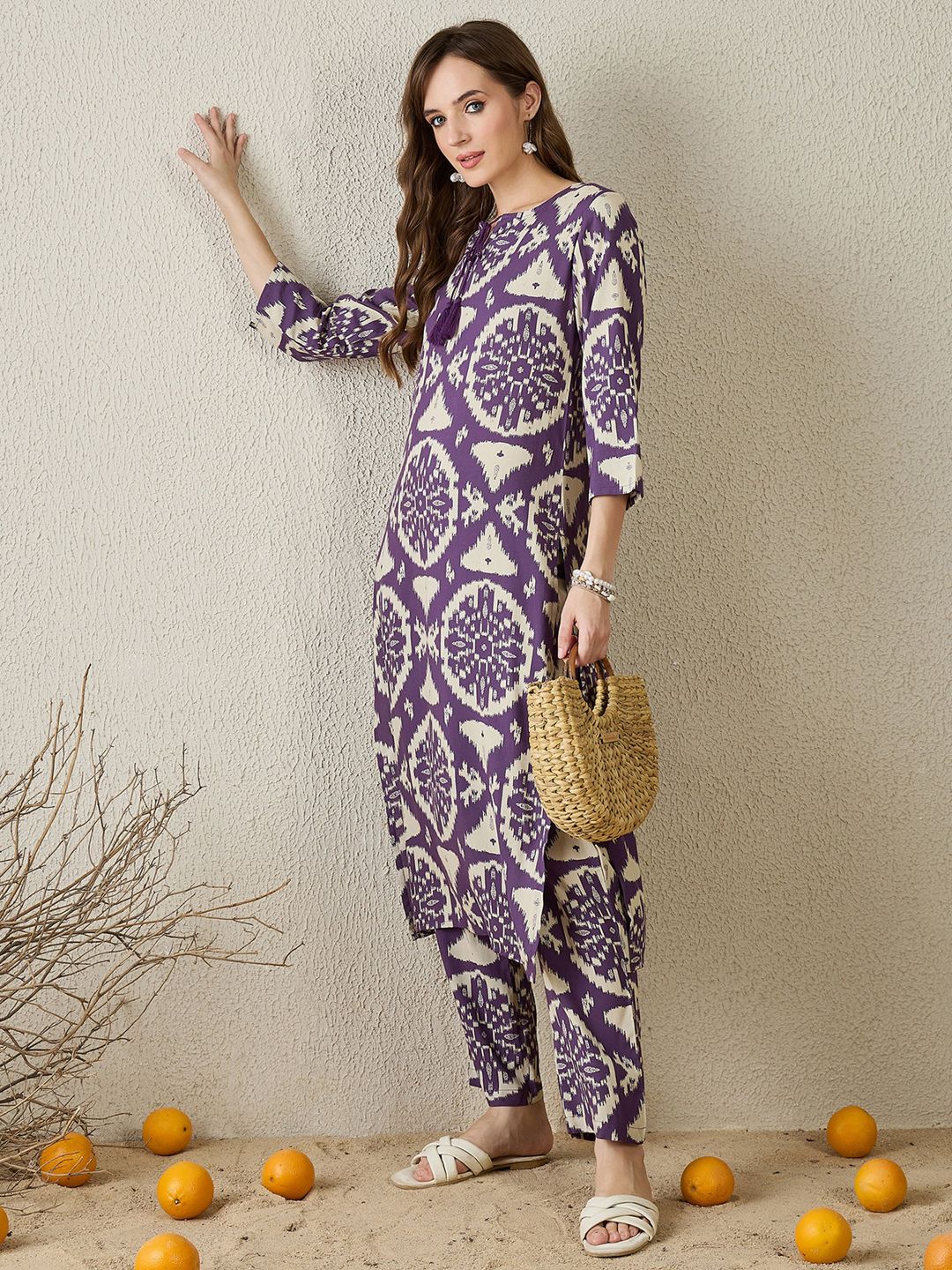 Women Purple Printed Straight Kurta Trousers Set