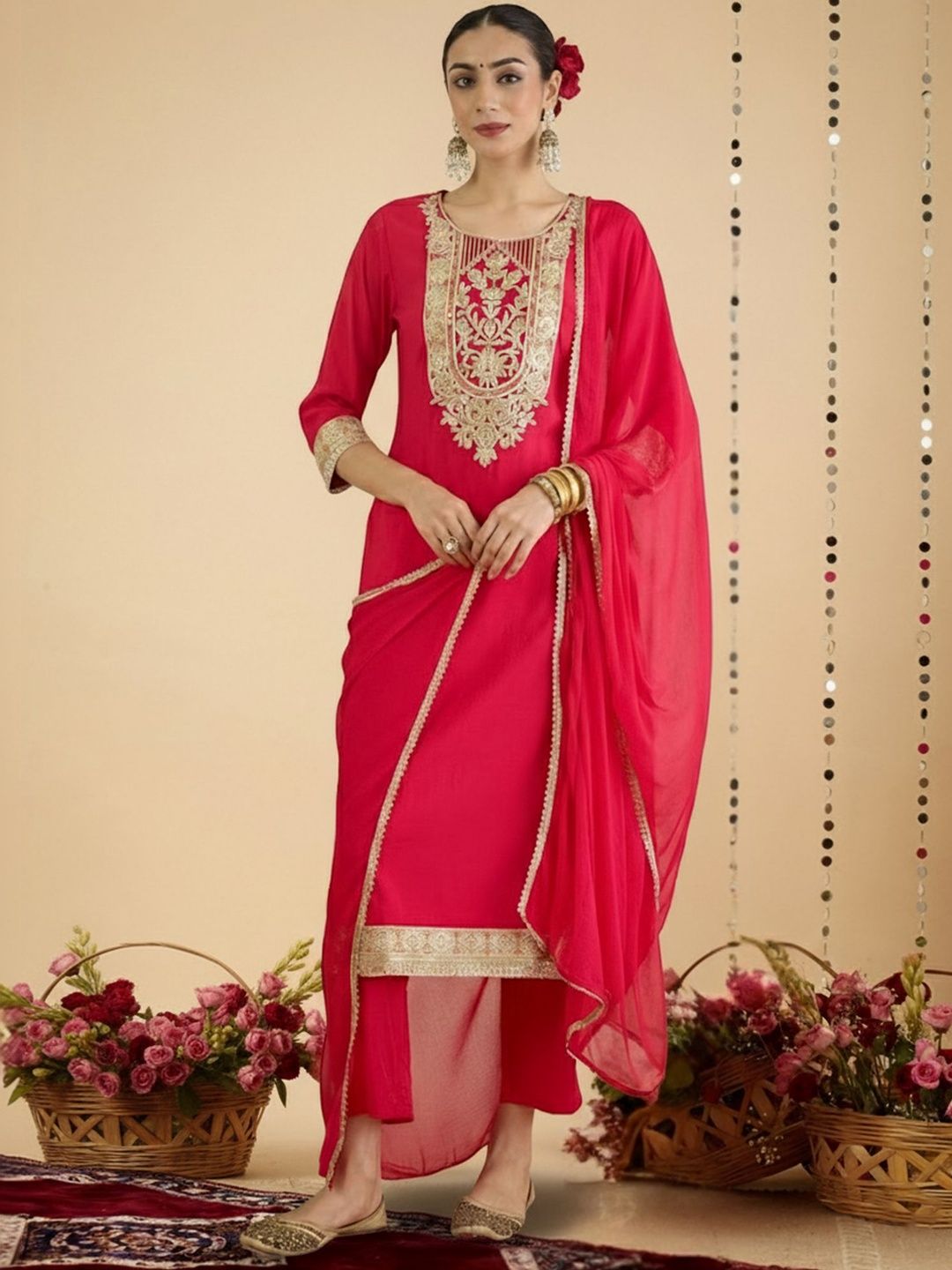 Women Ethnic Motifs Embroidered Regular Thread Work Kurta with Trousers & With Dupatta
