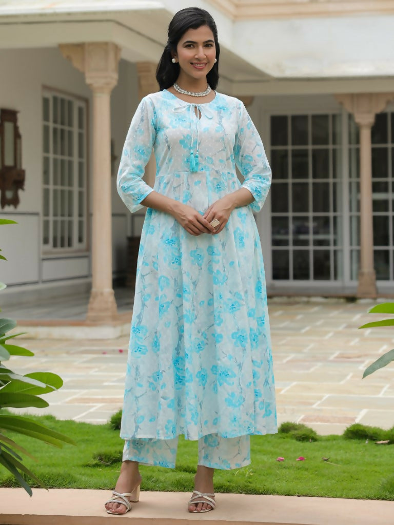Women's Flared Textured Cotton Floral Print Women's Kurta - White
