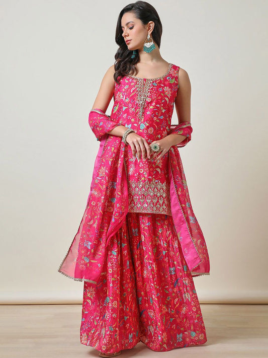 Dhiyona SO Women's Floral Embroidered Regular Zardozi Straight Kurti with Palazzos & Dupatta