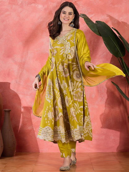 Dhiyona SN Women's Floral Printed With Embroidered Angrakha Kurta With Trousers & Dupatta