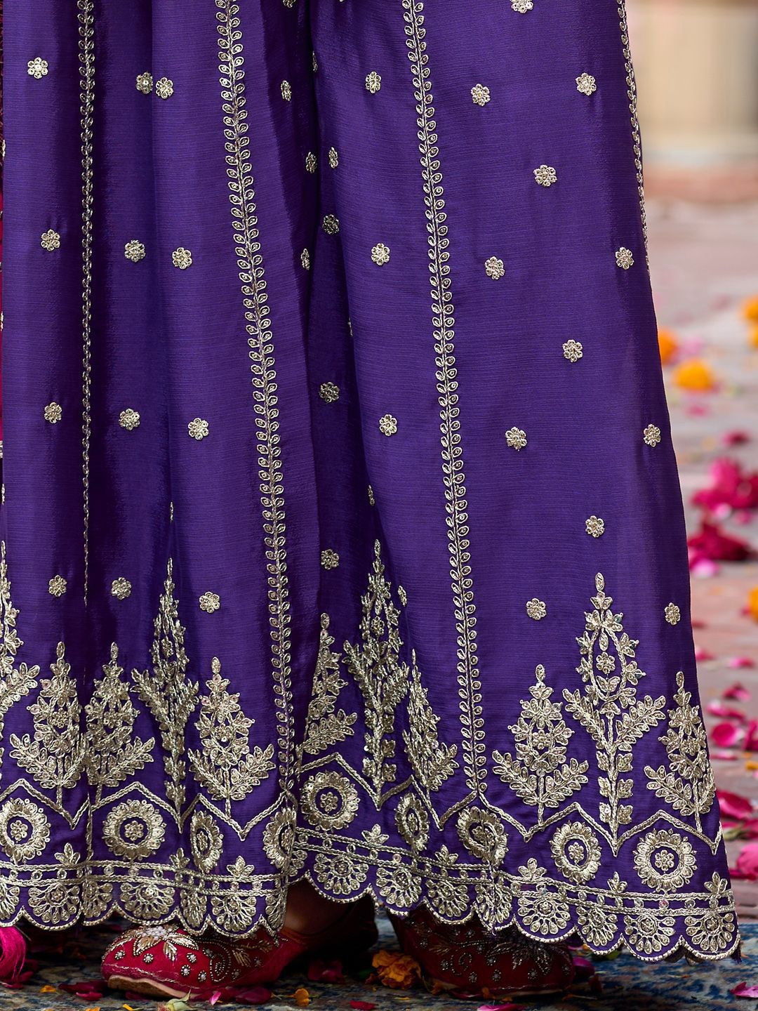 Floral Embroidered Sequinned Chinon Straight Kurta With Palazzos & Dupatta